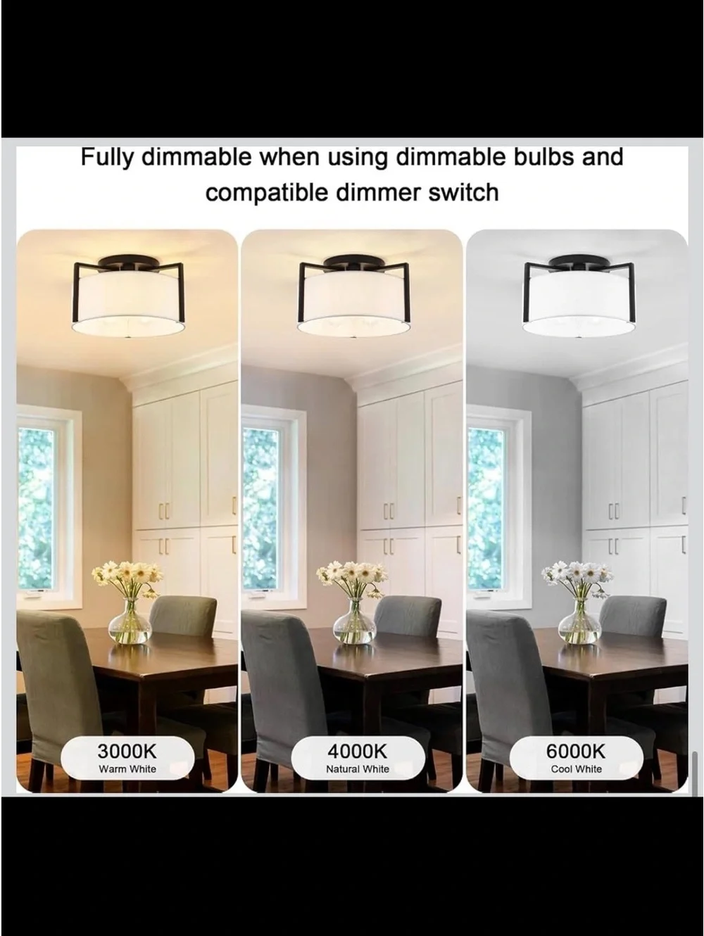 3-Light Semi Flush Mount Ceiling Light - Modern Black Drum Fixture - New in Box